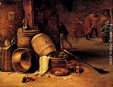 Carousing Canvas Paintings - An interior scene with pots, barrels, baskets, onions and cabbages with boors carousing in the background